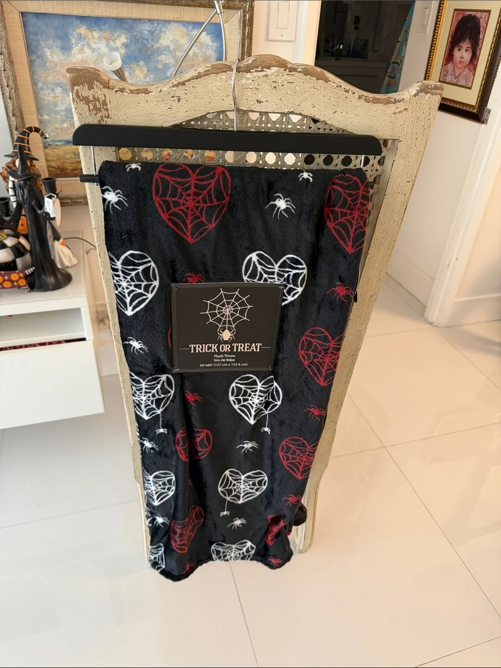 Trick or Treat Halloween Spider Web Throw Blanket in Black, Red & White